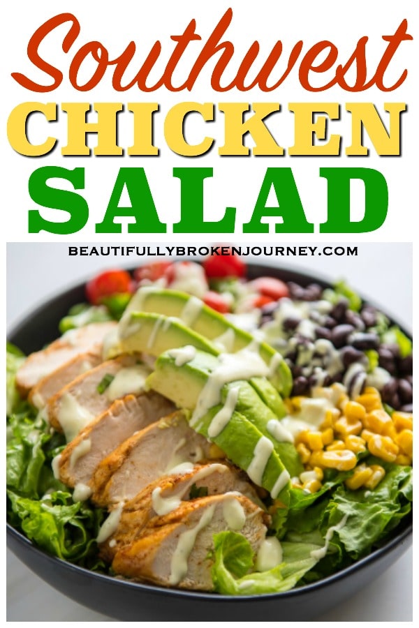 I love a fresh meal packed with protein and veggies.  It's a bonus if it can be prepared quickly, or ahead of time!  This Southwest Chicken Salad is a perfect meal for a warm summer night, or a delicious lunch to prep ahead of time. #southwestchicken #southwest #airfryer #airfryerchicken #salad #beautifullybrokenjourney #healthyrecipes