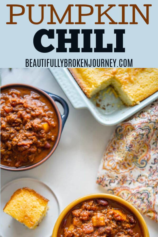 When fall comes around I crave all things pumpkin and I could eat chili every day so why not combine the two??   This Slow Cooker Pumpkin Chili is easy, healthy and will satisfy your craving for a hearty bowl of chili with a hint of pumpkin. #slowcooker #beautifullybrokenjourney #pumpkin #pumpkinrecipes #pumpkinchili #beefchili #chili #fallrecipes