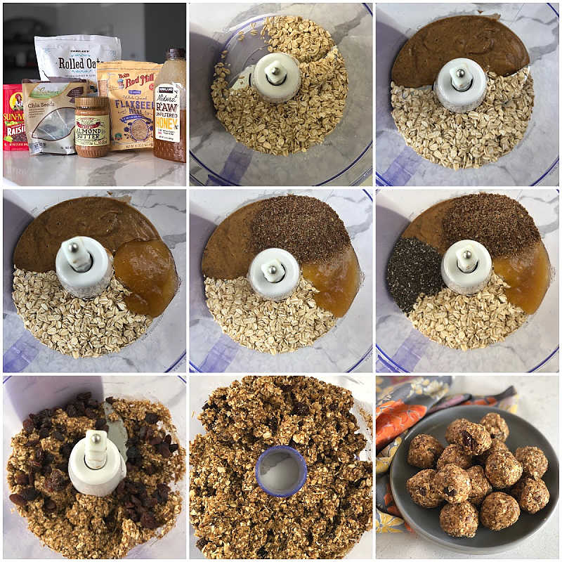 The process of making oatmeal raisin protein balls by adding each ingredient and then the final picture of protein balls.